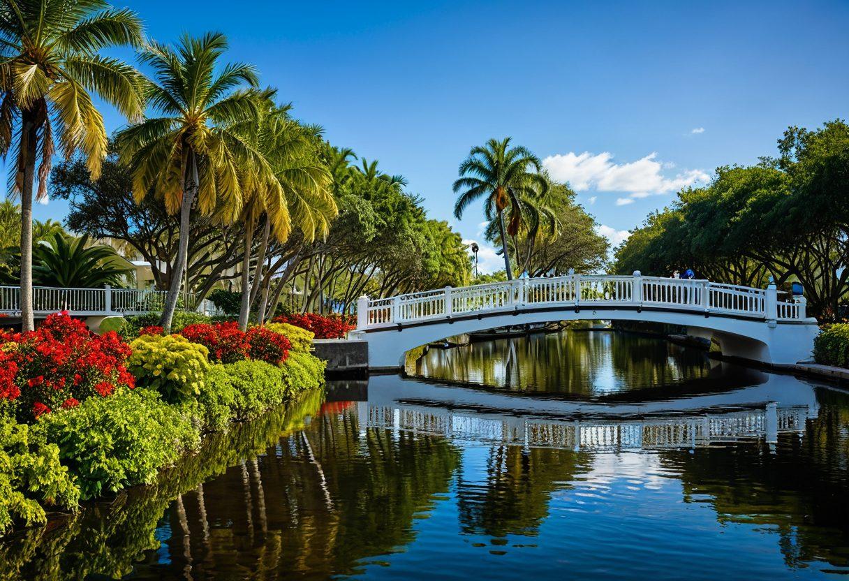 A serene view of Fort Lauderdale's picturesque waterways and lush parks, showcasing vibrant green trees, blooming flowers, and gentle boat traffic. Incorporate a charming footbridge and happy families enjoying picnics by the water. Reflections of palm trees on the calm water surface under a bright blue sky. The image should evoke a sense of community and relaxation. super-realistic. vibrant colors. 3D.