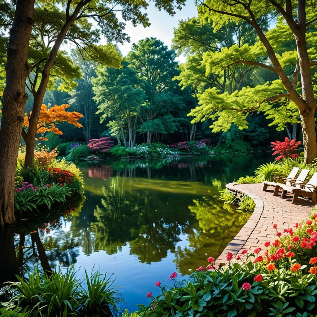 A serene and lush hidden park featuring a variety of colorful flowers, towering trees, and a tranquil pond. Showcase a couple of nature lovers exploring the space, snapping photos of the scenery. Soft sunlight filters through the leaves, creating a warm and inviting atmosphere. Include a vibrant community board in the background with event flyers and local art. super-realistic. vibrant colors. tranquil setting.