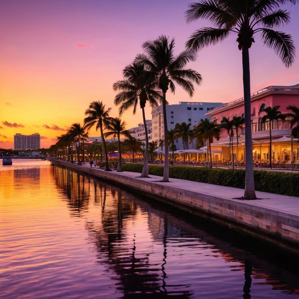 A stunning sunset over Fort Lauderdale's waterfront, showcasing a blend of urban life and natural landscapes. In the foreground, people enjoying various recreational activities like cycling and jogging along scenic pathways. The background features palm trees and modern skyline, reflecting off calm waters. Vibrant colors illuminate the scene, inviting a sense of adventure and relaxation. super-realistic. vibrant colors. 3D.